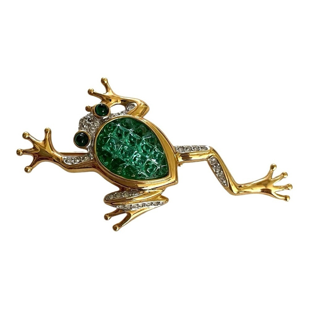 Vintage Frog Brooch, Green Stones Body w/Rhinestone Accents, Gold Plated, Usner